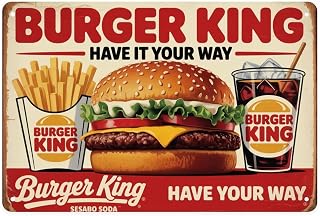 Burger King Fries Soda Tin Sign Vintage Fast Food Metal Sign Print Aesthetic for Garden Yard Bar Porch Home Bedroom Kitchen Wall Decor Gift 8 X 12 in