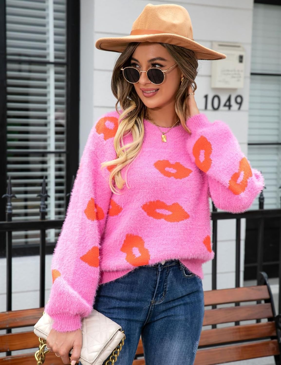Arssm Women Lip Print Sweater Valentine’s Day Knit Pullover Top Long Sleeve Crewneck Lip Graphic Pullover Sweaters - Image 3