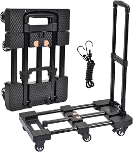 Folding Hand Dolly Cart, Heavy Duty Foldable Cart with 6 Wheels and 1 Elastic Ropes for Luggage, Travel, Shopping