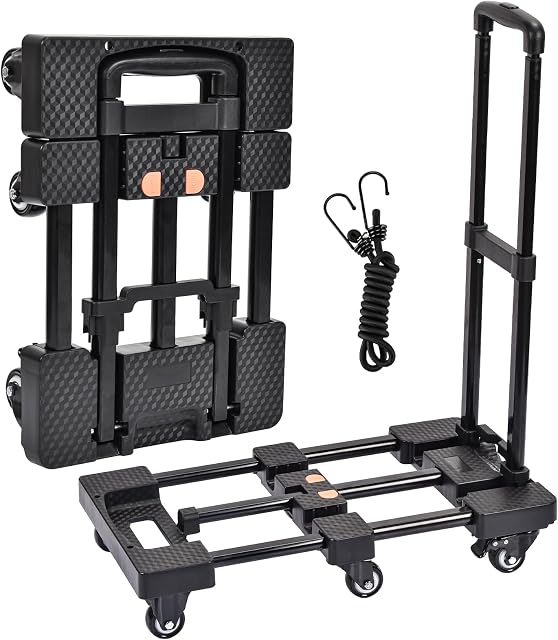 Chariot pliant à main Dolly, Chariot à pliage lourd avec 6 Roues et 1 Rubans élastiques pour bagages, voyages, achats