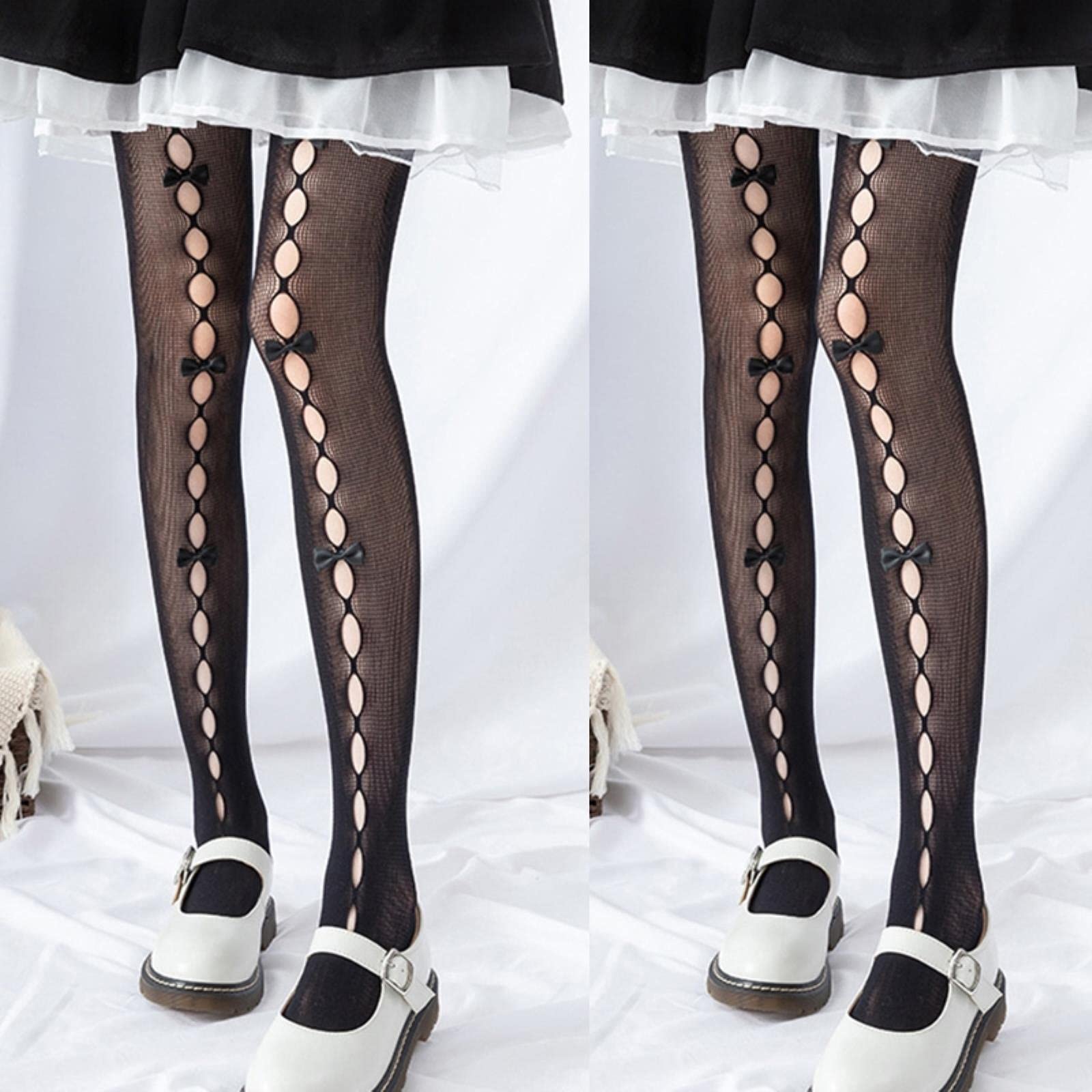 Medias de Red con Agujeros para Mujer y niña, Pantimedias de Red con Lazo Hecho a Mano, Medias elásticas japonesas de Lolita Kawaii