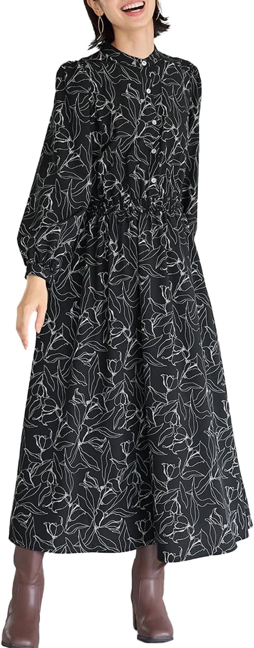 アナイ ドビーフラワープリントワンピース ウエストリボン ブラウン