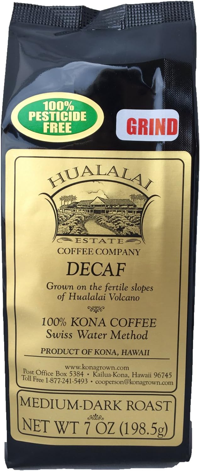 Hualalai Estate Decaf Kona Coffee Grounds - Medium Dark Roasted Hawaiian Grown Beans - Decaffeinated Pesticide-Free Premium Coffee (7 oz)