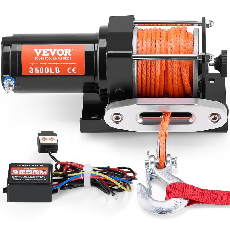 Guincho elétrico VEVOR 12 V para ATV, capacidade de tração de aproximadamente 1.588 kg, corda sintética de 4,8 mm x 11,9 m, controle com fio e guia de alumínio