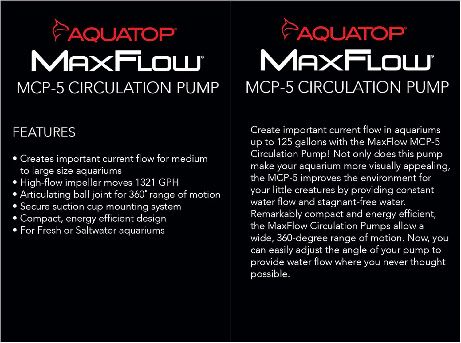 Aquatop MaxFlow Aquarium Circulation Pump 1,321GPH for Fish Tanks 50 to 125 gallons, MCP-5