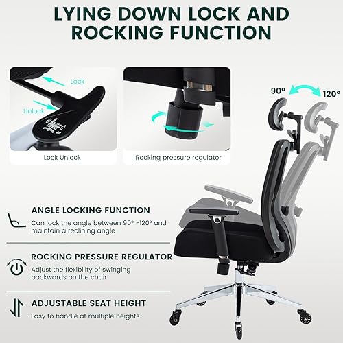 Miniatura 4 de Silla de oficina ergonómica resistente, capacidad de 500 libras, respaldo de malla, marco de aleación de aluminio, estilo moderno, negro