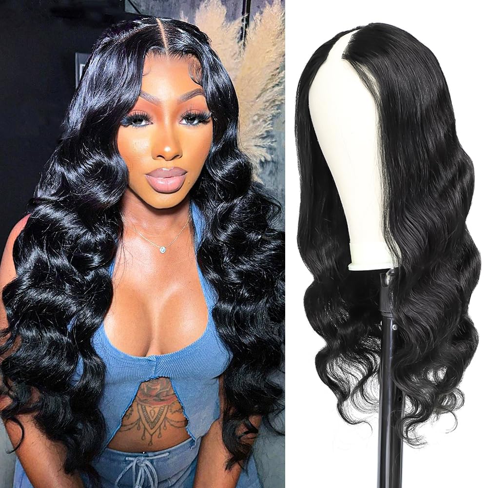 V Part Wig Human Hair Body Wave Upgrade U Part Human Hair Wig 180 Density No Leave Out Glueless Clip In Half Wig Human Hair for Women Natural Black 26 Inch
