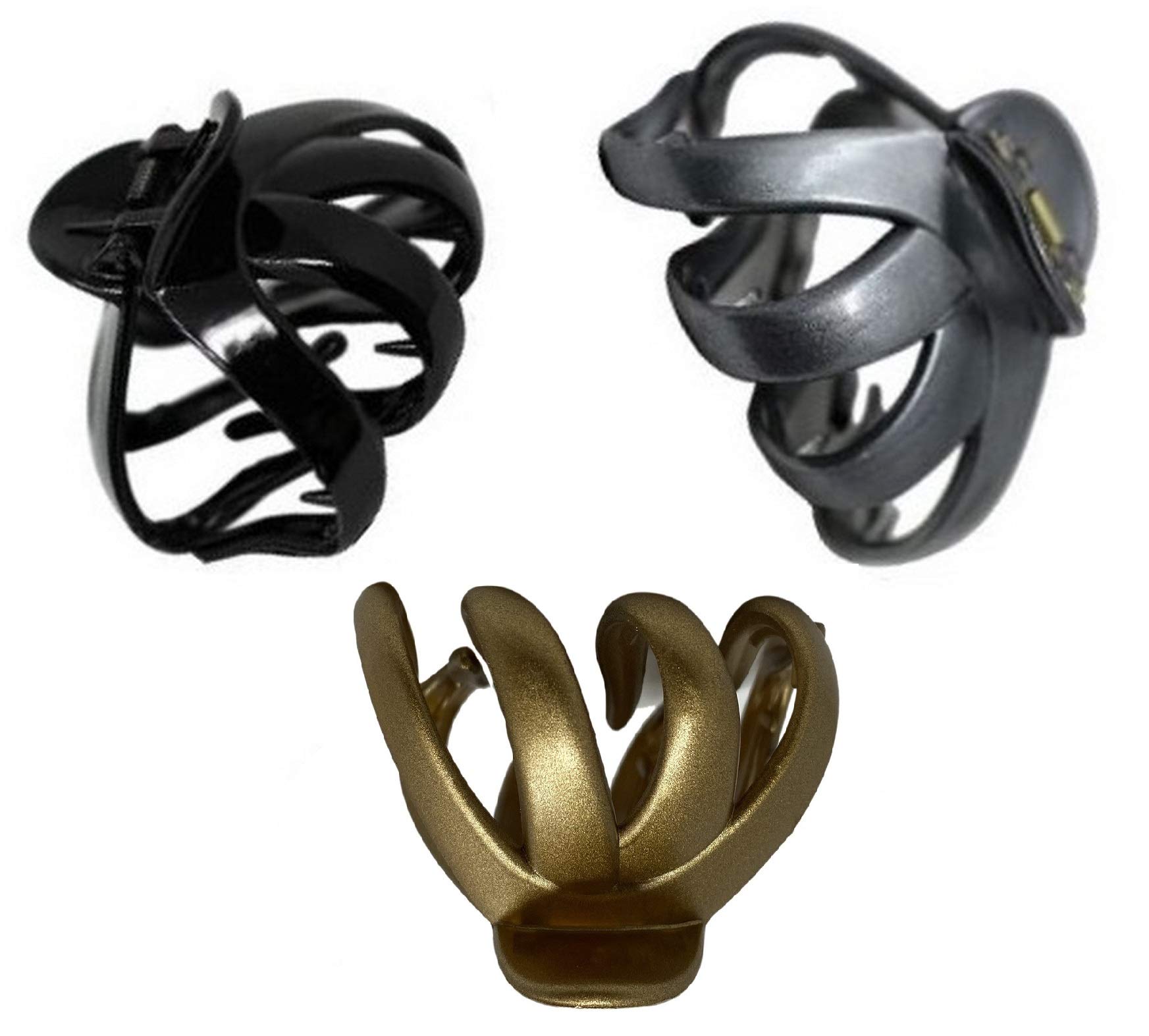Bullahshah Women's Set Of 3 (Black/Grey/Gold) Octopus Plastic Hair Claw Clip Butterfly Bull Dog Design, Large Grip For Thick Hair ()
