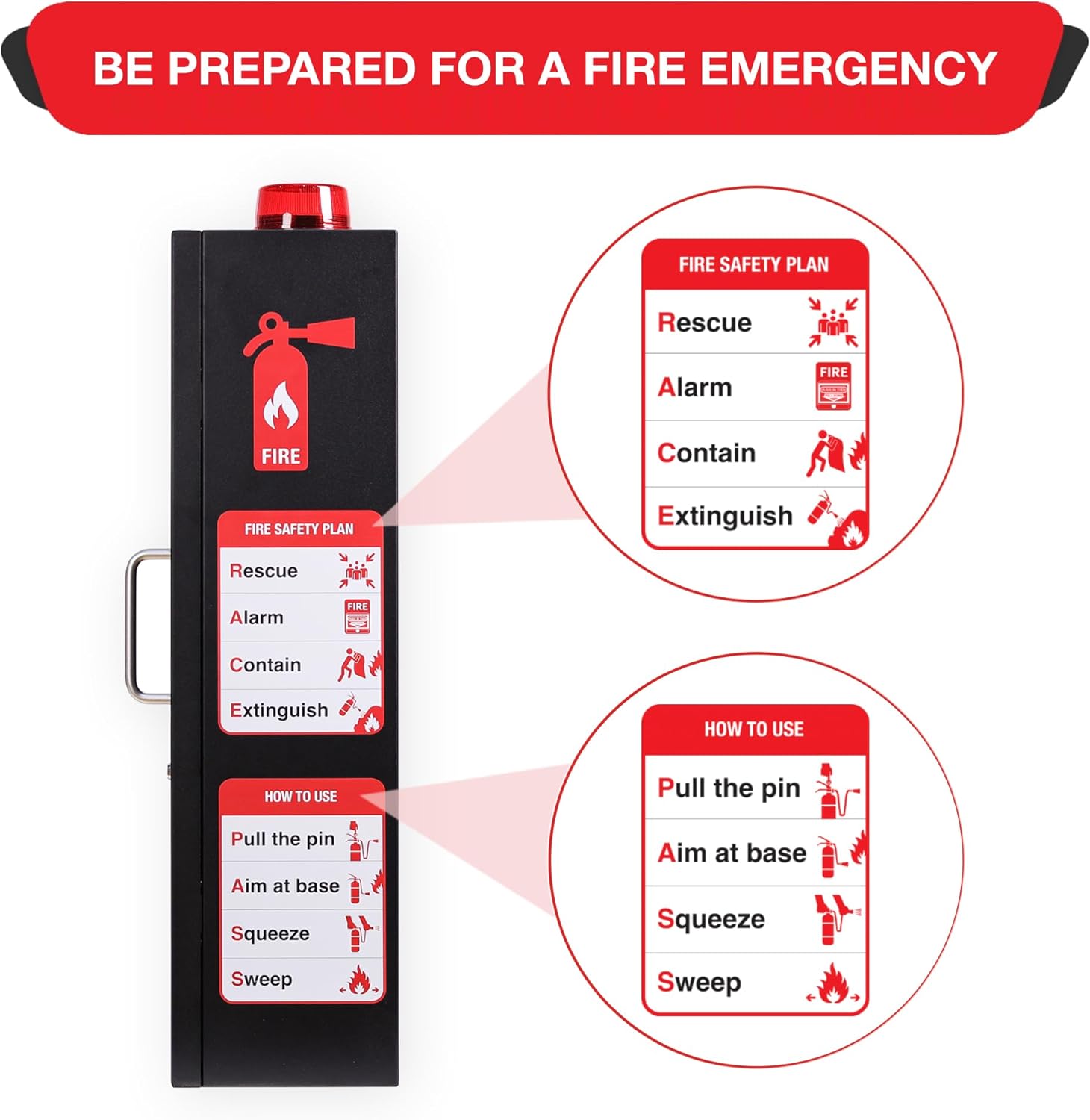 Fire Extinguisher Cabinet | Wall & Surface Mount | Holds 2.5 Pound, 5 lb or 10 lb Extinguishers | Optional Alarm & Lock | Fire Safety Instructions Included (Single Black Cabinet, Metal)