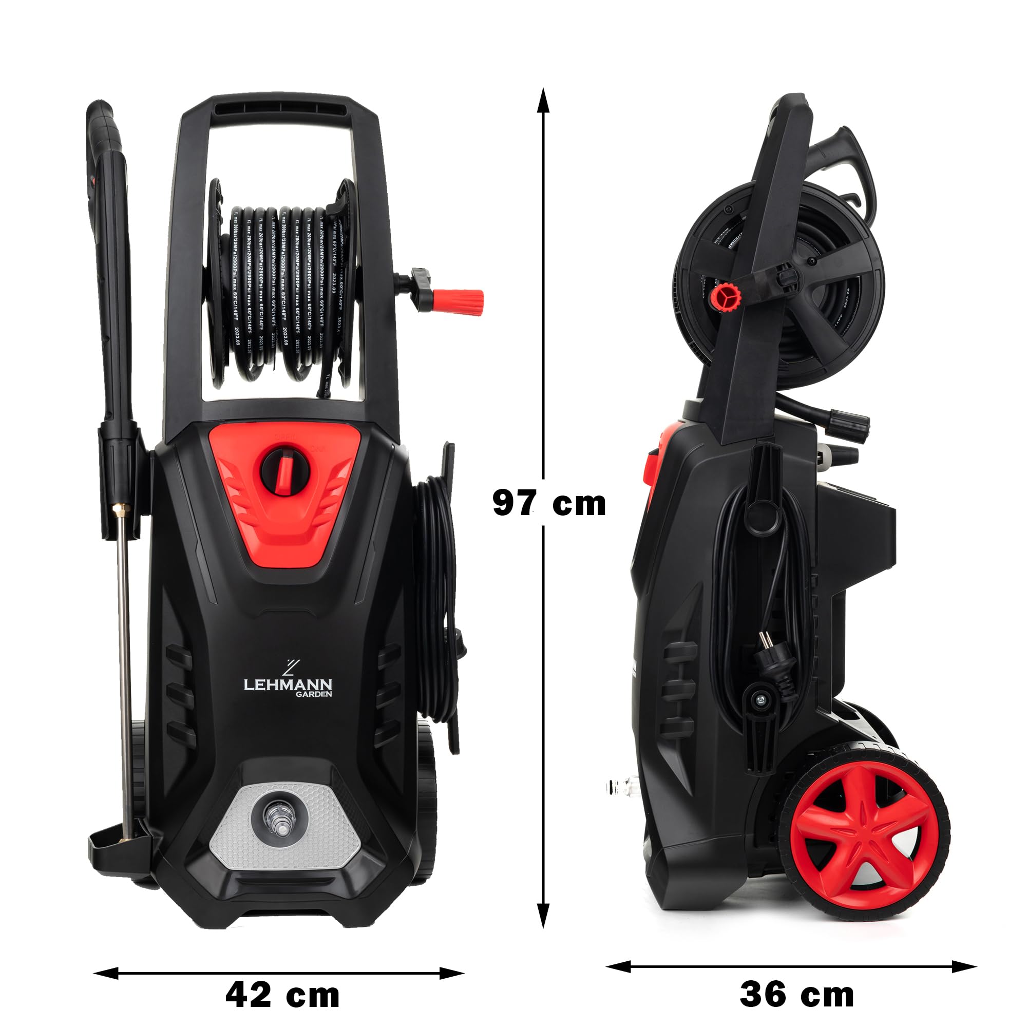 Lehmann Colorado Nettoyeur Haute Pression avec Moteur à Induction, 3000 W, Max. 260 Bar, Débit 492 l/h, Rayon d'action 17 m, Accessoires : Canon à Mousse, 4 Buses, Buse Turbo, Noir/Rouge