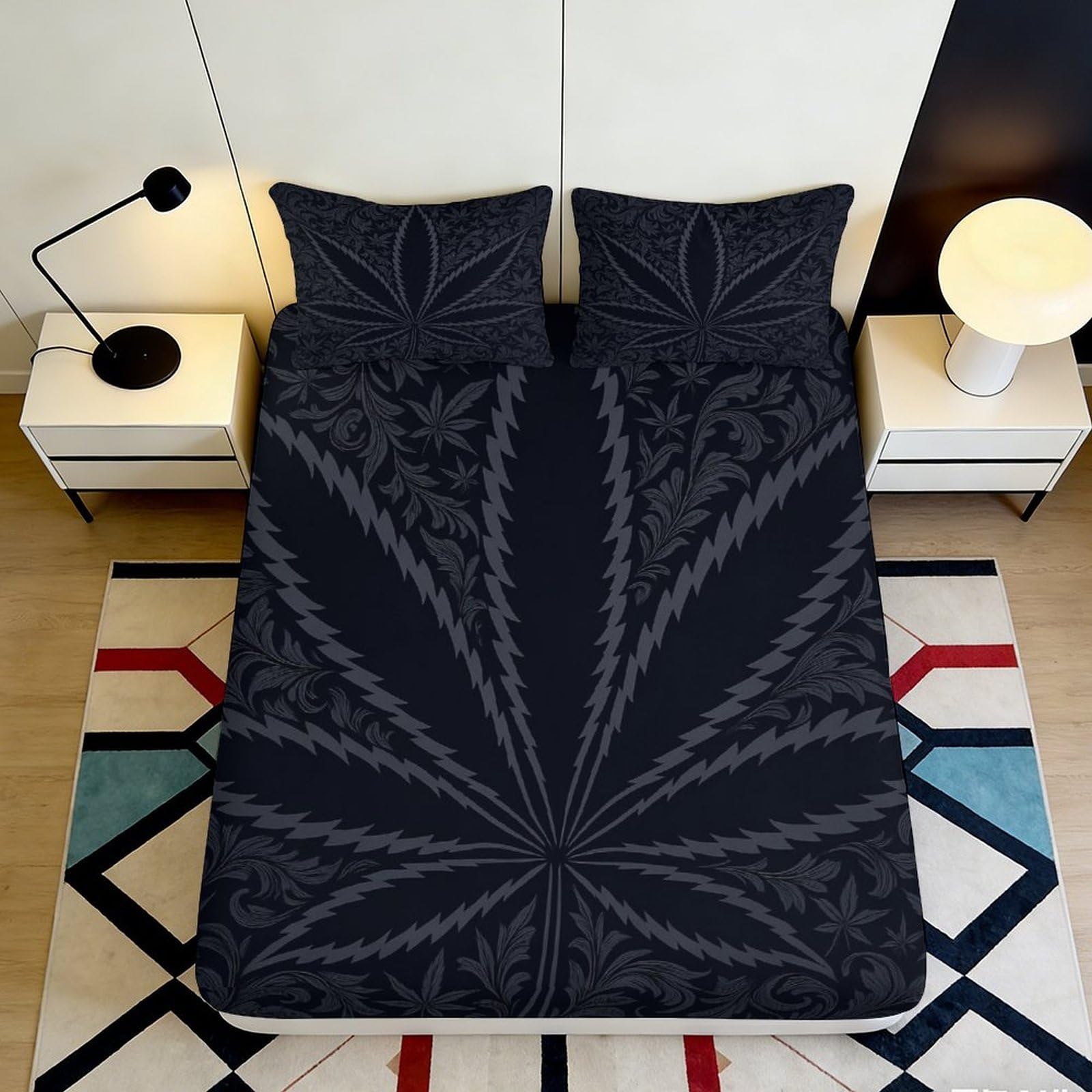 3D Printed Black Cannabis Leaf Fitted Sheet Microfiber Anti-Slip Bed Cover for Bedroom Dorm Mattress Protection 180x200x25cm
