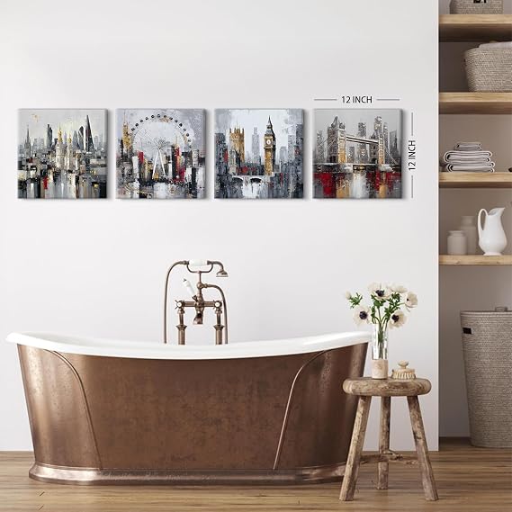 Modern Abstract City Wall Art Canvas Prints Watercolor City Landscape Pictures Wall Decor Grey and Yellow Building Cityscape Wall Paintings for Living Room Decoration Framed Posters Artwork 30x30CM 4P