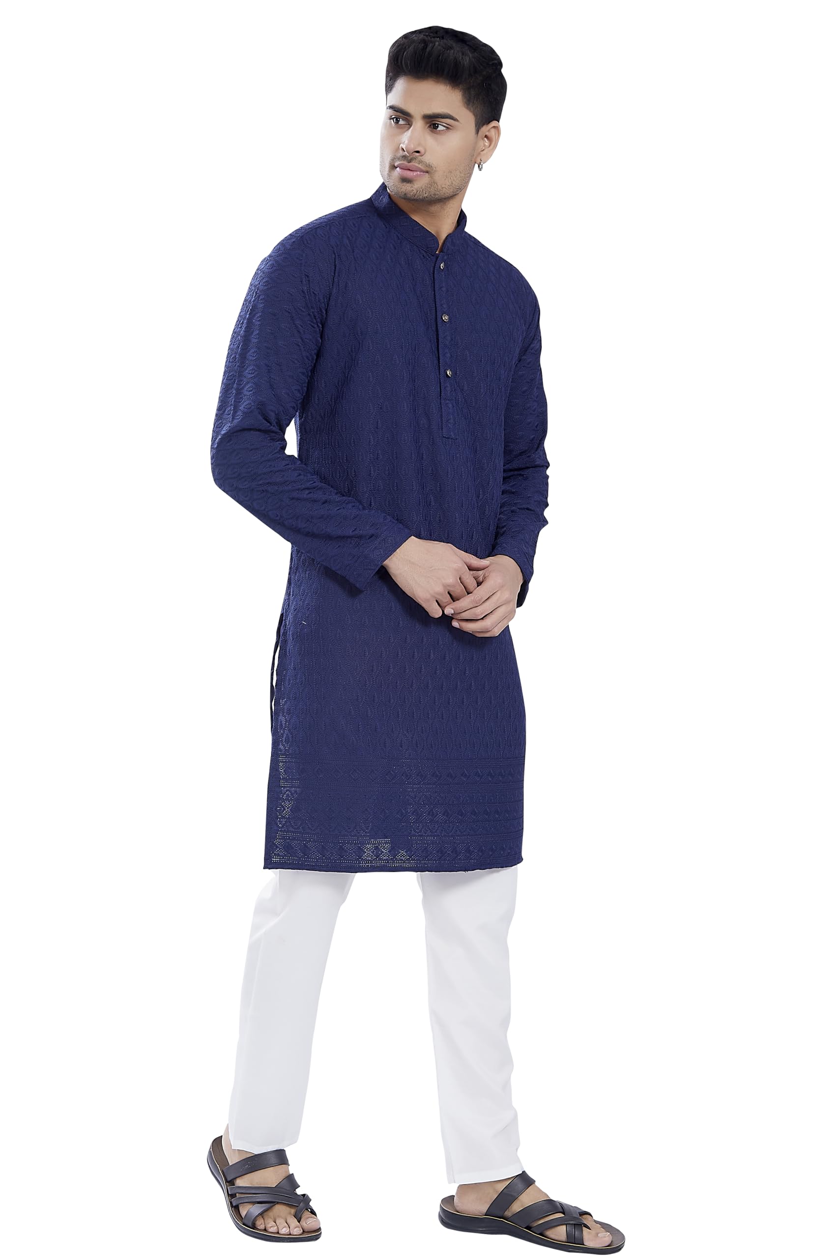 Divisive Men's Thread Embroidered Cotton Blend Only Slim Fit Kurta (Dkrt729_S_Navy)