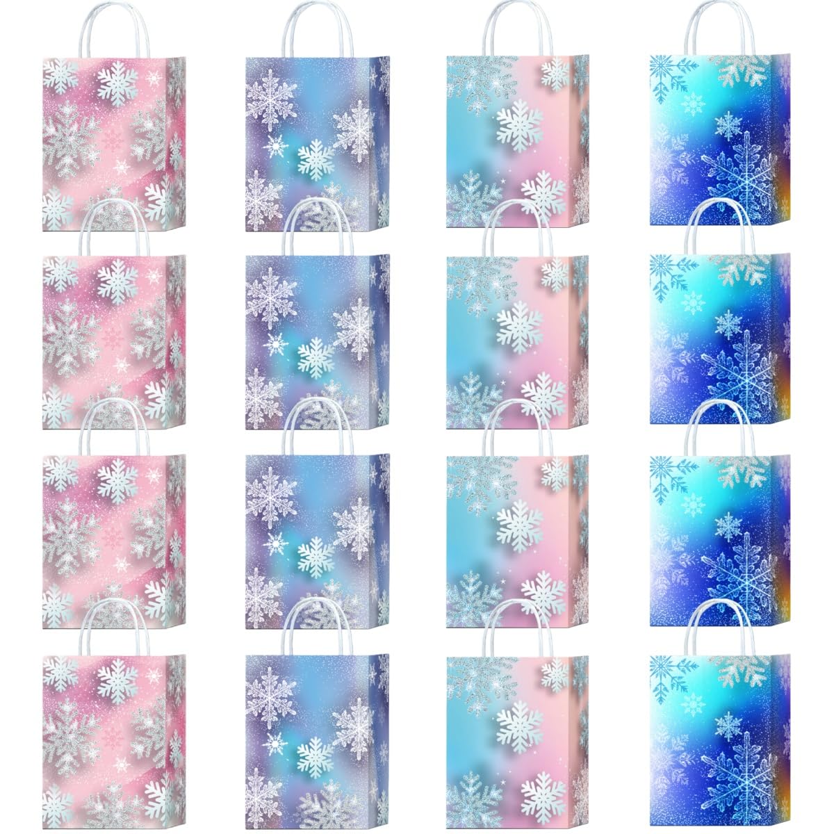 16 Packs Snow Winter Gift Paper Bags, 22x12x8 cm Gift Bags with Twist Handles for Kids or Adults in Birthday party, Weddings, Events or Shopping (snow) โ image 1