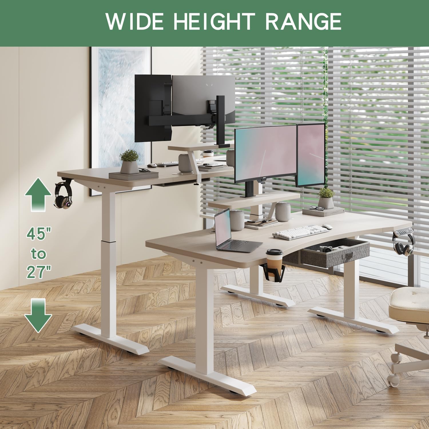 BUNOEM Standing Desk demonstrating its wide height adjustment range