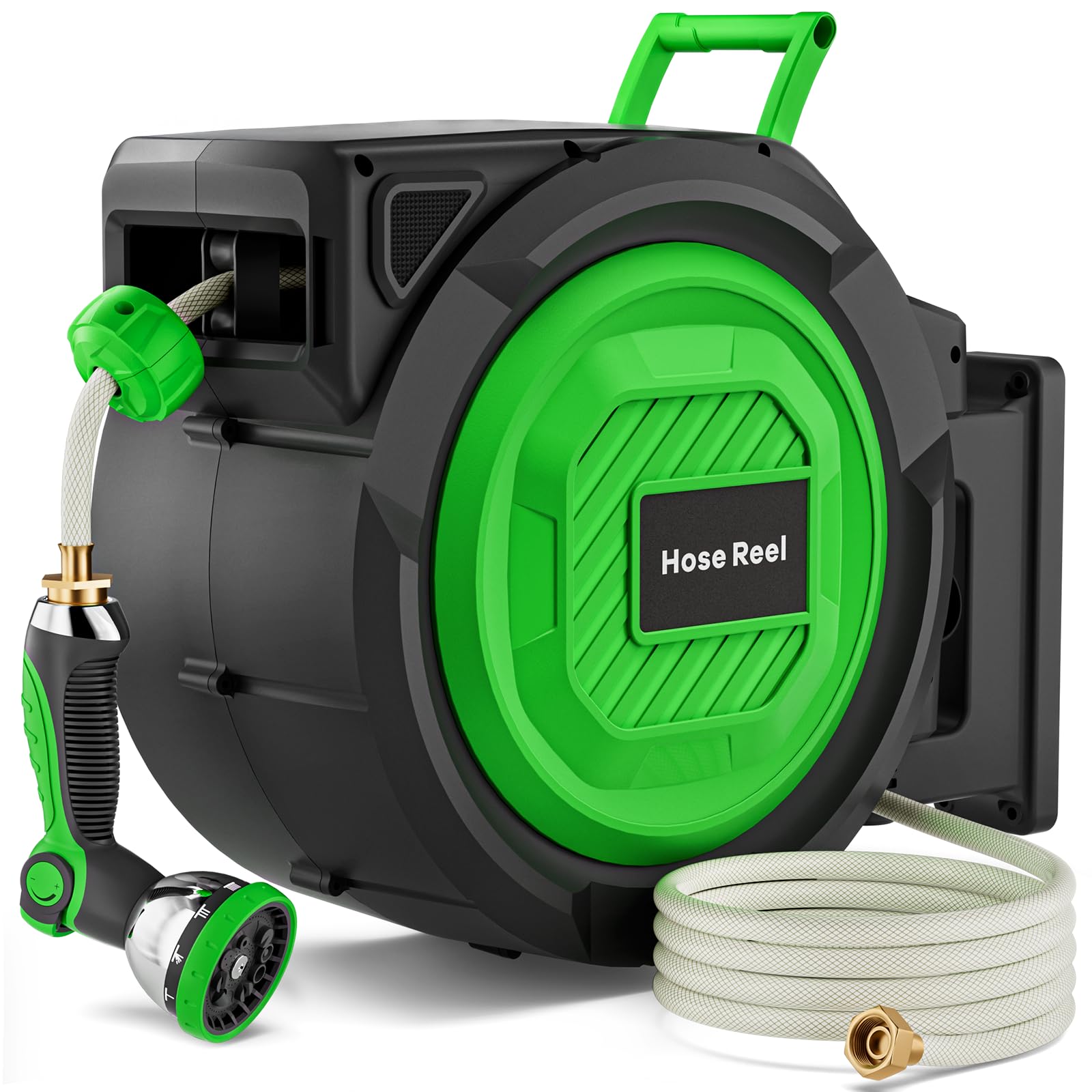 Photo 1 of Retractable Garden Hose Reel, 5/8 in x 100 ft Heavy Duty Wall-Mounted Hose Reel with 180° Swivel Bracket, 10-Pattern Nozzle, Automatic Slow Rewind System, Any Length Lock for outside Watering,Cleaning