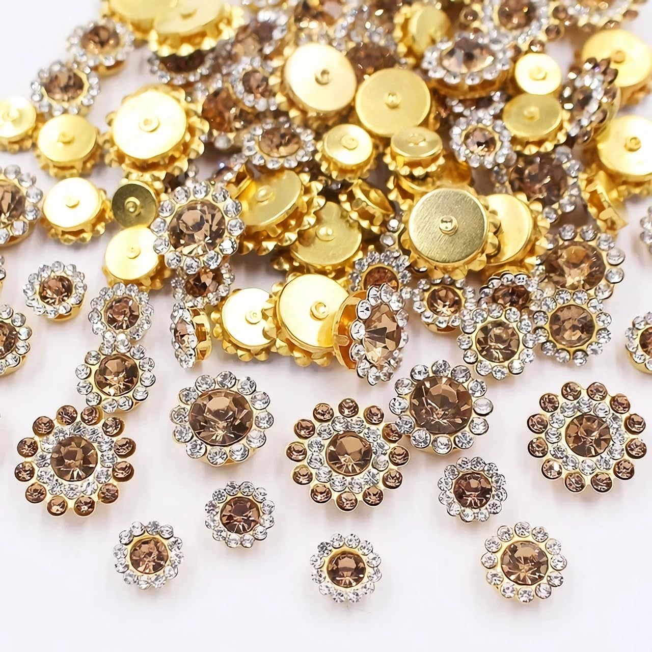 100pcs Crystals Glass Sew on Rhinestones with Gold Claw Mixed 8mm 10mm 12mm 14mm Sunflower for Sewing Headband, Jewelry Crafts, Clothes, Shoes, Belt (08 Crystal Yellow)