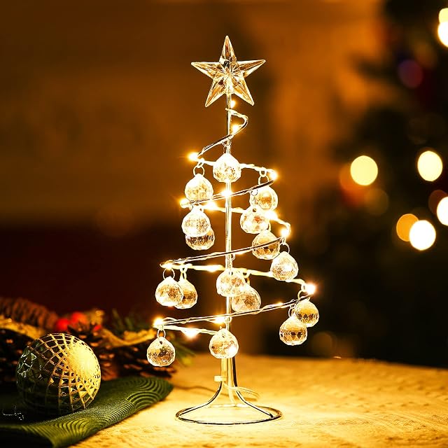 Shinowa Tabletop Metal Christmas Tree Lamp Spiral Wrought Iron Ornament Display Stand With Crystal Balls Christmas Ornament 10 Inch Desktop Decorations With LED Lights Mini Xmas Tree, Silver