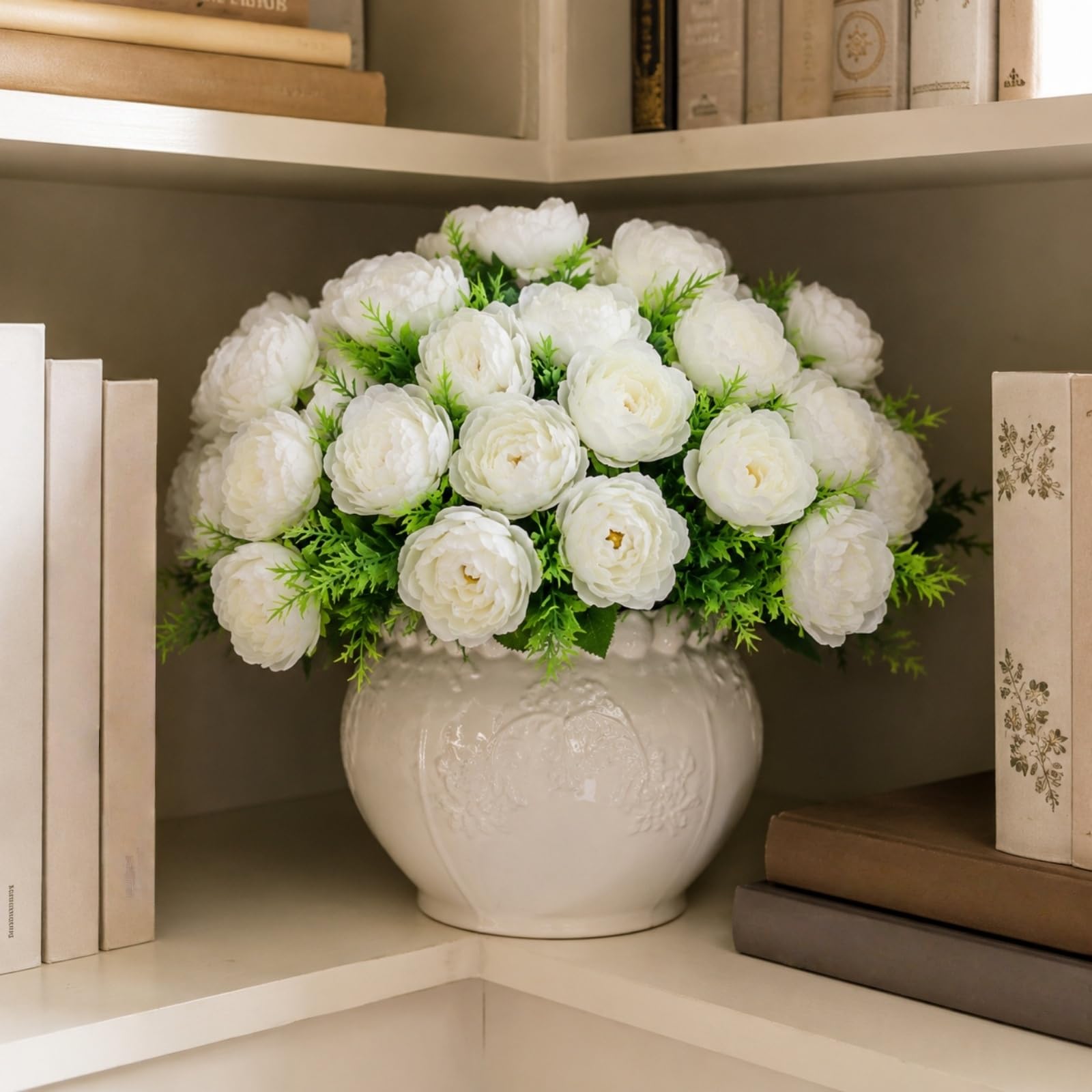 astylishome Artificial Flowers Fake Peony Silk Light White Bouquet Decor Plastic Carnations Daisy Realistic Flower Arrangements Wedding Decoration Table Centerpieces for Home Office Party Decor F4839 — image 1