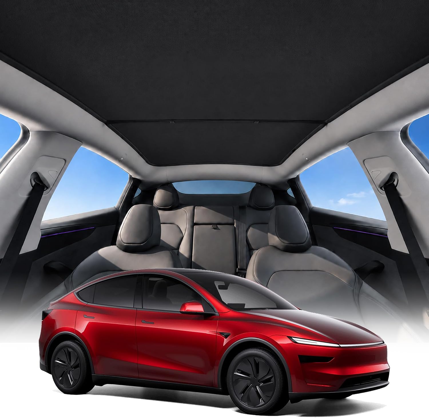 Off-White Roof Sunshade for 25-26 Tesla Model Y Juniper | Off-white dual-layer nano-fabric with memory-steel, Drops cabin temp and prevents sagging for a quiet, comfortable ride