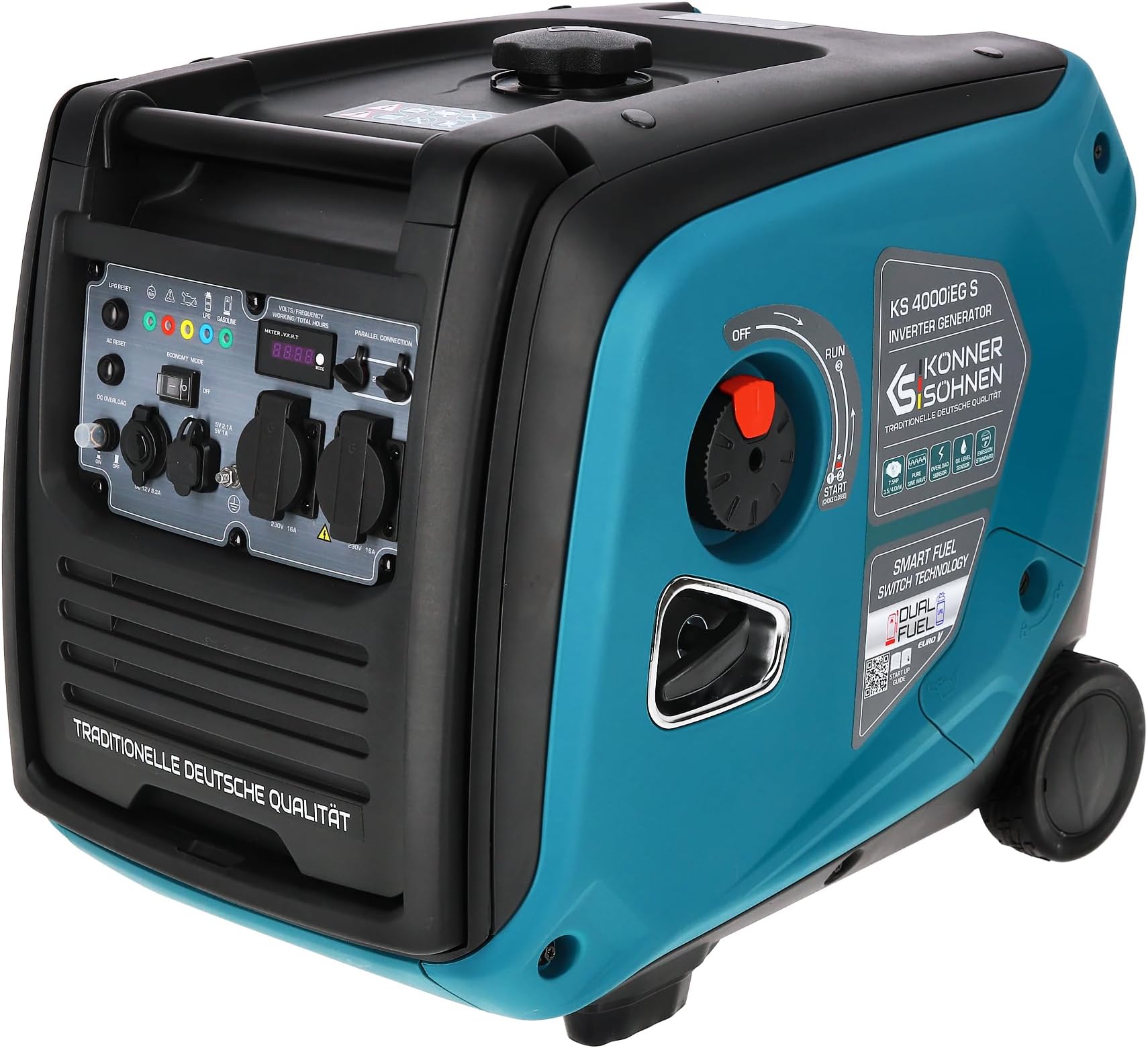 Könner & Söhnen KS 4000iEG S portable LPG/petrol inverter generator 4000W, UK Standard Plug & 230V 2 x 13 Amp Plug Sockets, 2 USB ports, electric start dual fuel generator,silent inverter generator