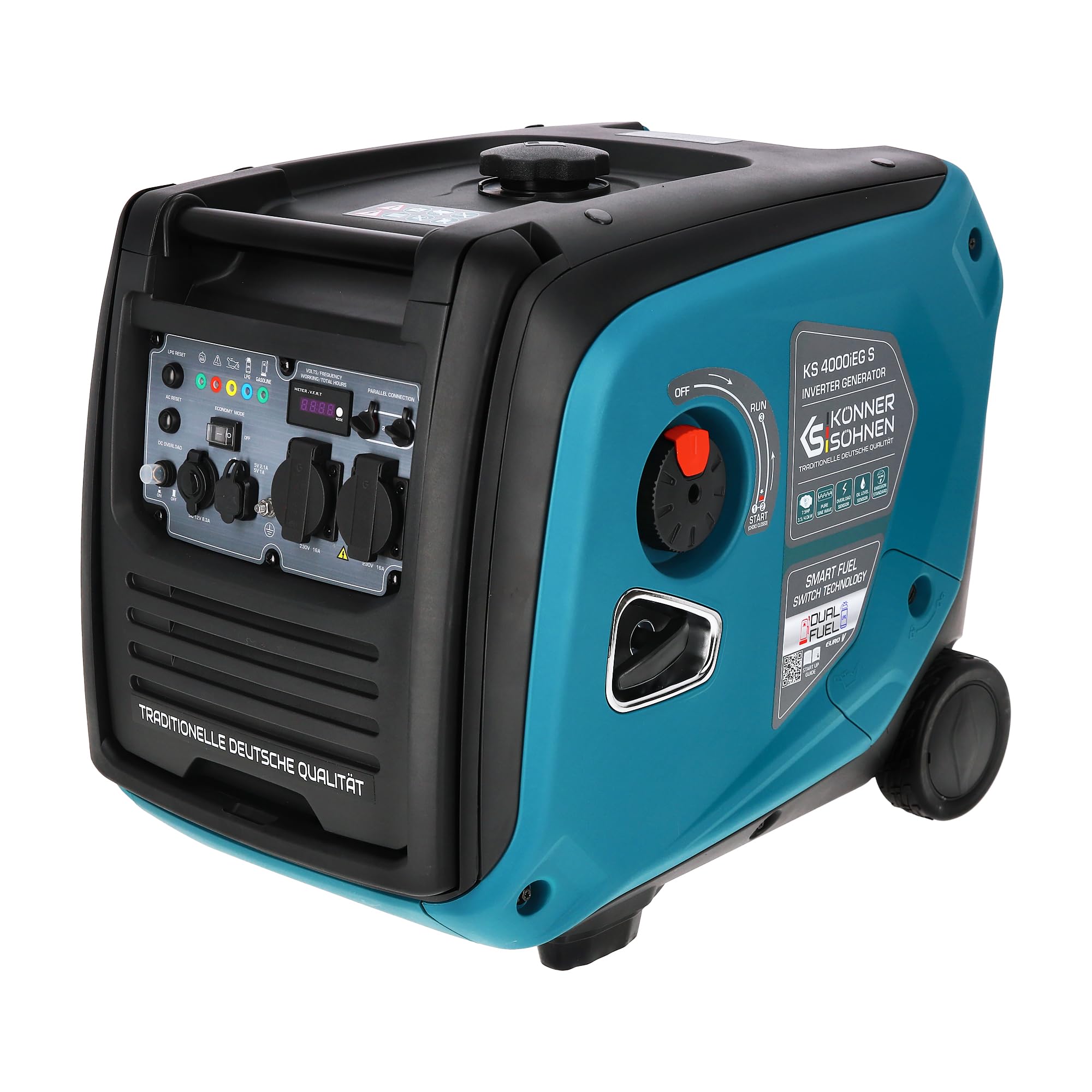 Könner & Söhnen KS 4000iEG S portable LPG/petrol inverter generator 4000W, UK Standard Plug & 230V 2 x 13 Amp Plug Sockets, 2 USB ports, electric start dual fuel generator,silent inverter generator