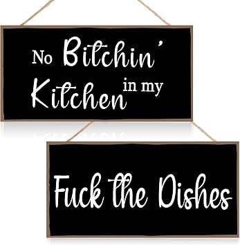 Jetec 2 Pieces Funny Kitchen Signs the Dishes Hanging Wall Art Decoration No Bitchin in My Kitchen Rustic Wooden Wall Signs Decorative Wood Home Decor, 10 x 5 InchStylish