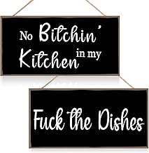 Jetec 2 Pieces Funny Kitchen Signs the Dishes Hanging Wall Art Decoration No Bitchin in My Kitchen Rustic Wooden Wall Signs Decorative Wood Home Decor, 10 x 5 Inch(Stylish)