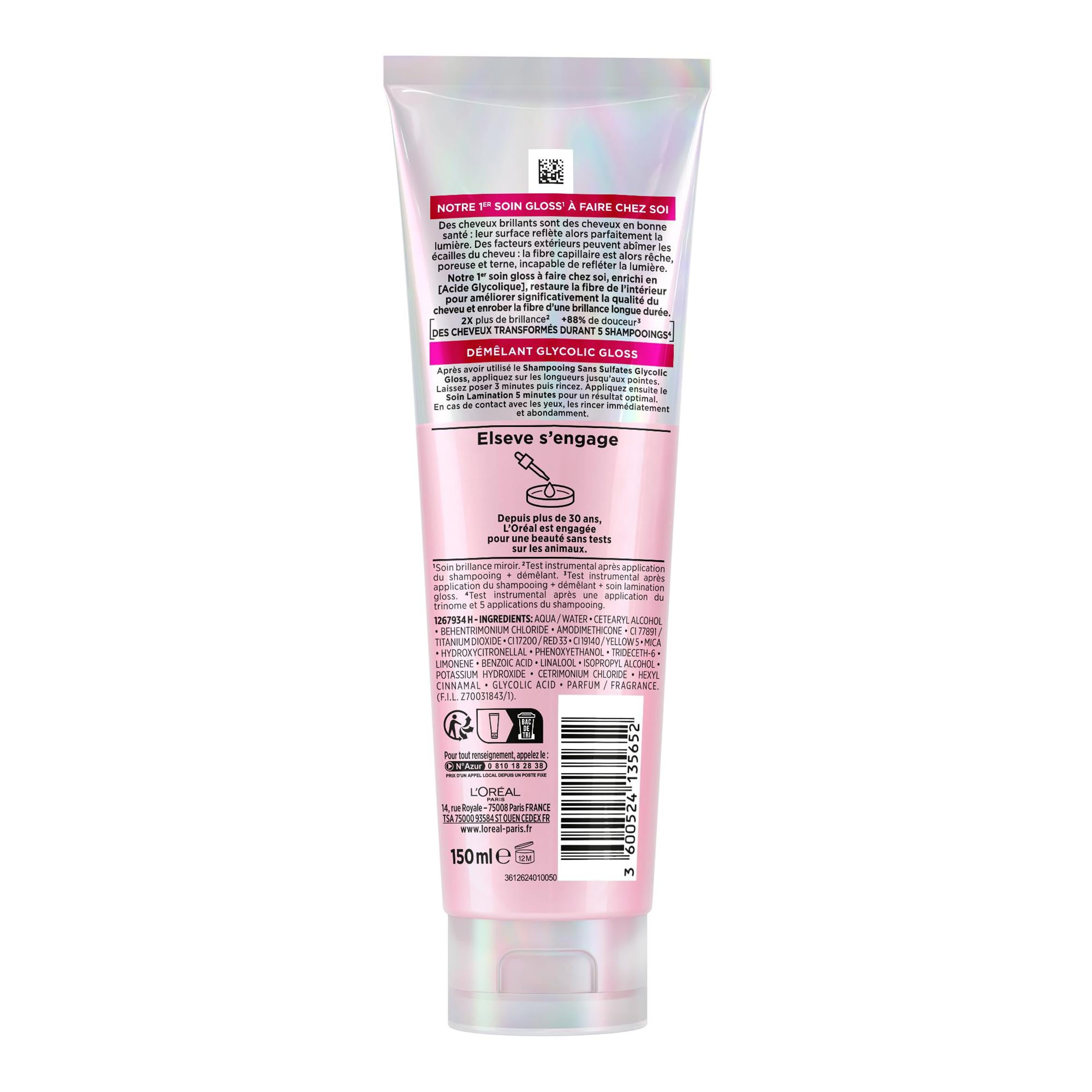 L'Oréal Paris - Routine completa per capelli opachi - Shampoo + districante + cura della laminazione - Acido glicolico - Senza solfati - Elseve Glycolic Gloss - 3 prodotti