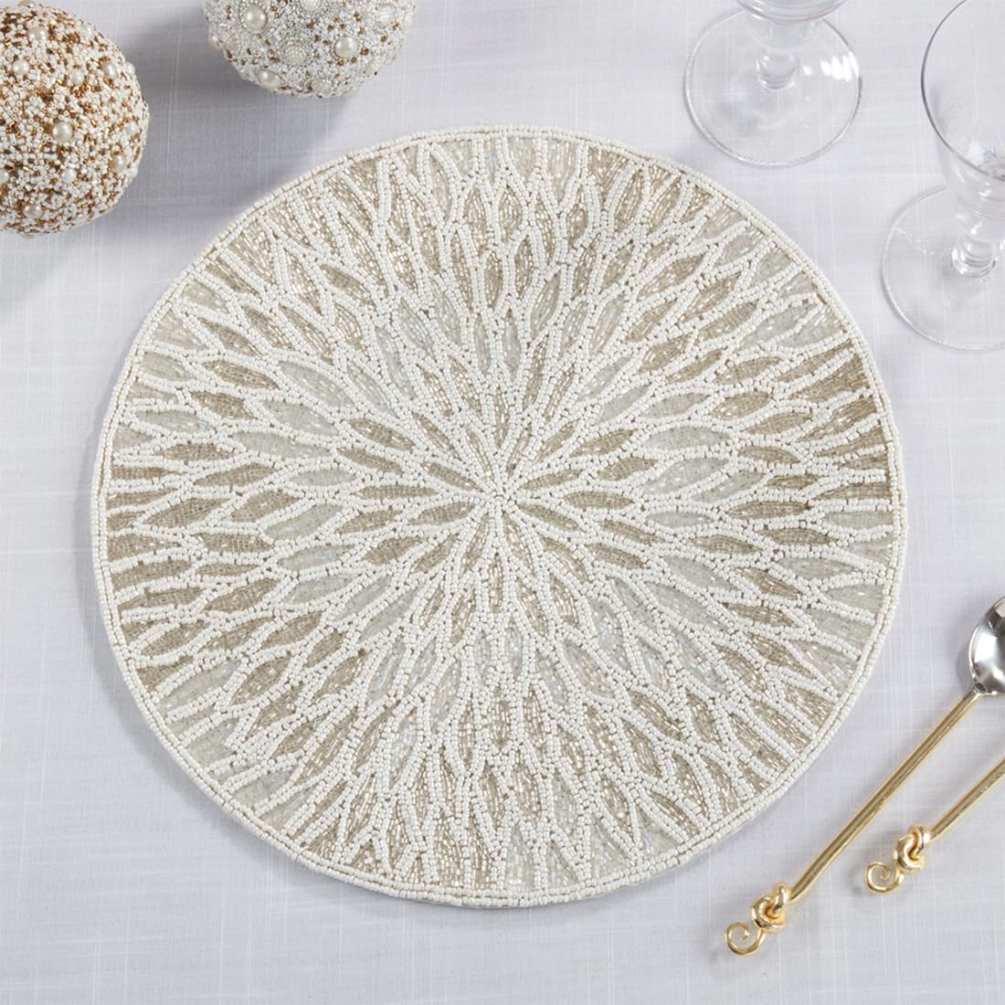 Fennco Styles Jaipur Handmade Beaded Design 15-inch Round Placemat - 1-Piece (White) image 2