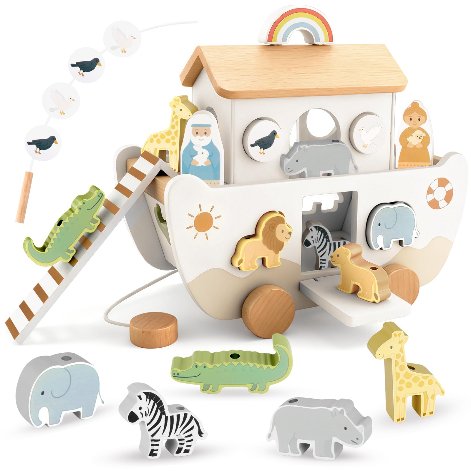 WoodsyJoy Wooden Noah’s Ark Toy for Toddlers 1-3, Baptism Christening Gifts for Boys Girls, Christian Toy Animal Shape Sorter, Baby Birthday