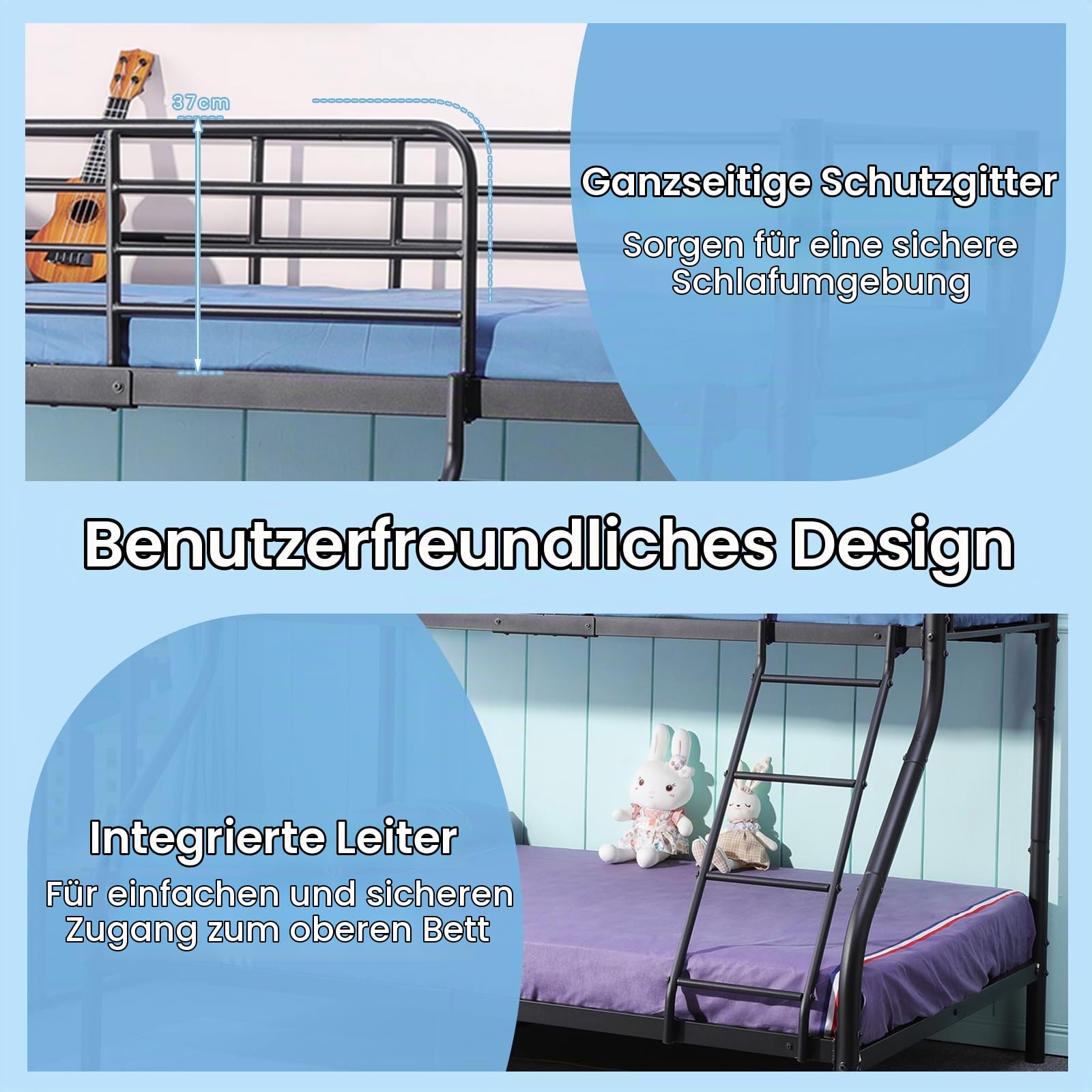 EGGREE Etagenbett Kinderbett 90x200 cm & 140x200 cm aus Metall, Schwarz | Metallbett mit Lattenrost, Leiter und Rausfallschutz, ideal für Kinderzimmer, Jugendzimmer und Gästezimmer