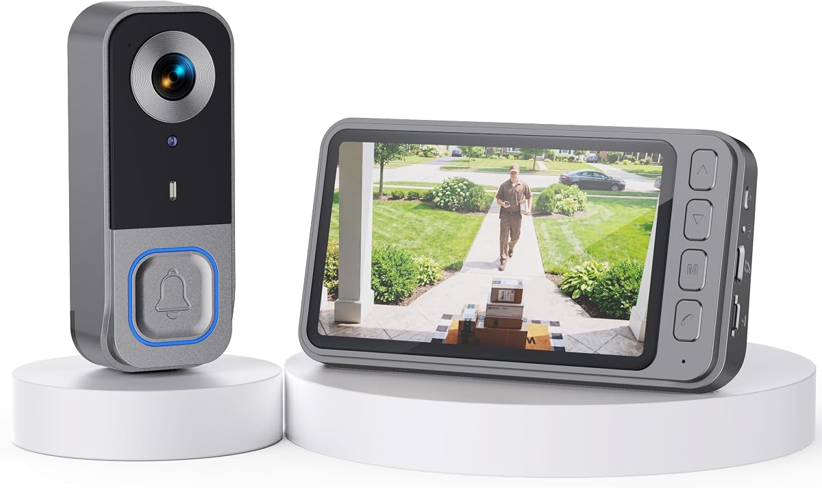Video Doorbell Camera Wireless No Subscription No WiFi &APP , with Monitor | Two-Way Audio,4.5'' display screen 1080P HD, Night Vision, 120° View Angle,Plug & Play,Free Local SD Storage, Auto Recording