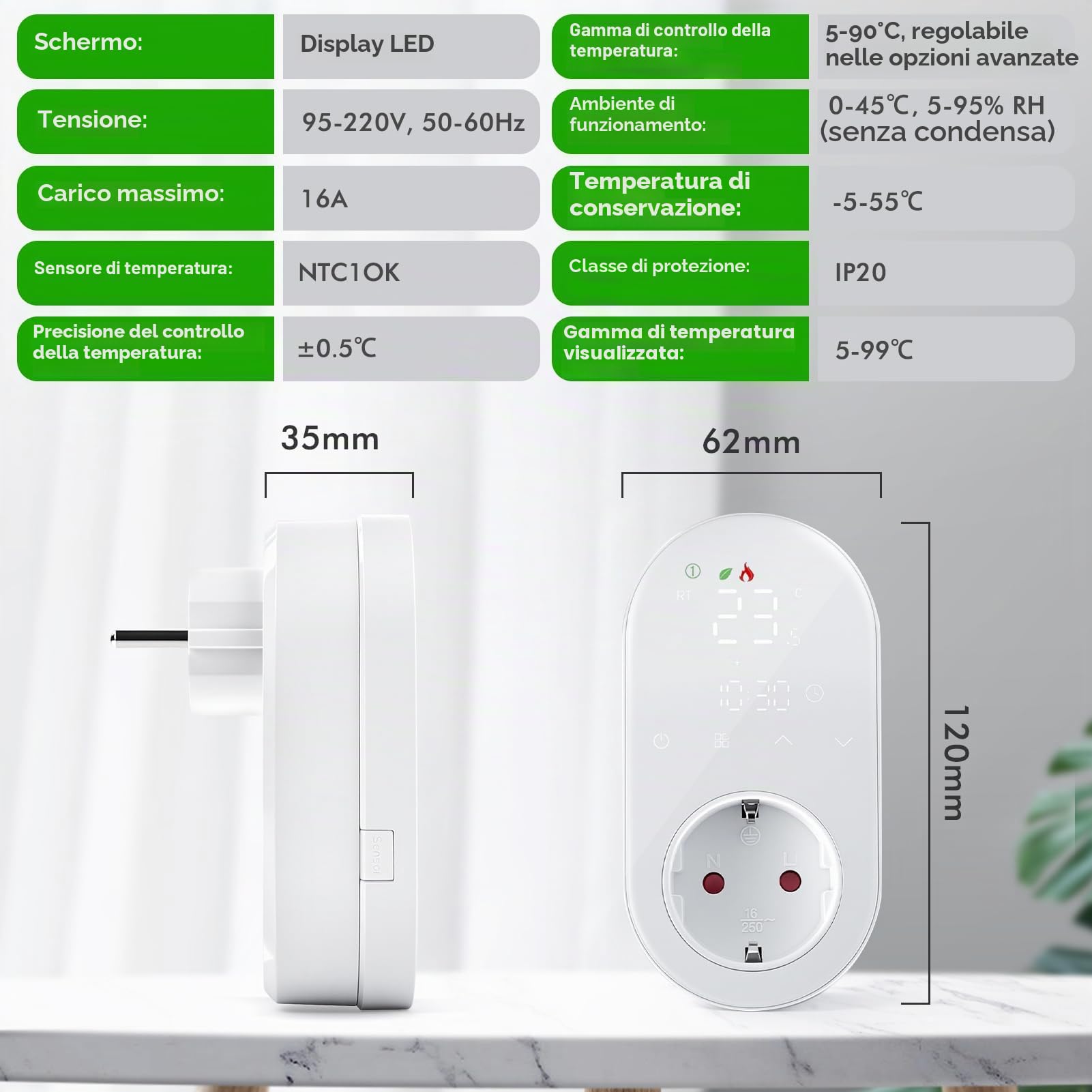 Presa termostatica Wi-Fi, 220 V, 16 A, Regolatore di Temperatura Programmabile con Modalità di Riscaldamento e Raffreddamento, Termostato Digitale a LED, compatibile con Smart Life/Alexa