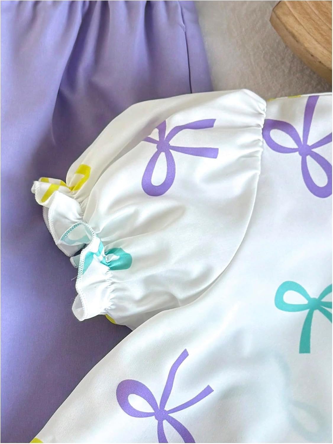 WDIRARA Girl's 2 Piece Outfit Colorful Bow Puff Sleeve Button Up Shirts Wide Leg Pants Set Cute Outfits - Image 3