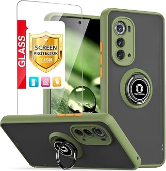 TJS Compatible for Motorola Moto Edge 2022 Phone Case Green | with Tempered Glass Screen Protector Metal Ring Magnetic Support Kickstand Heavy Duty Drop Protector Phone Case Cover