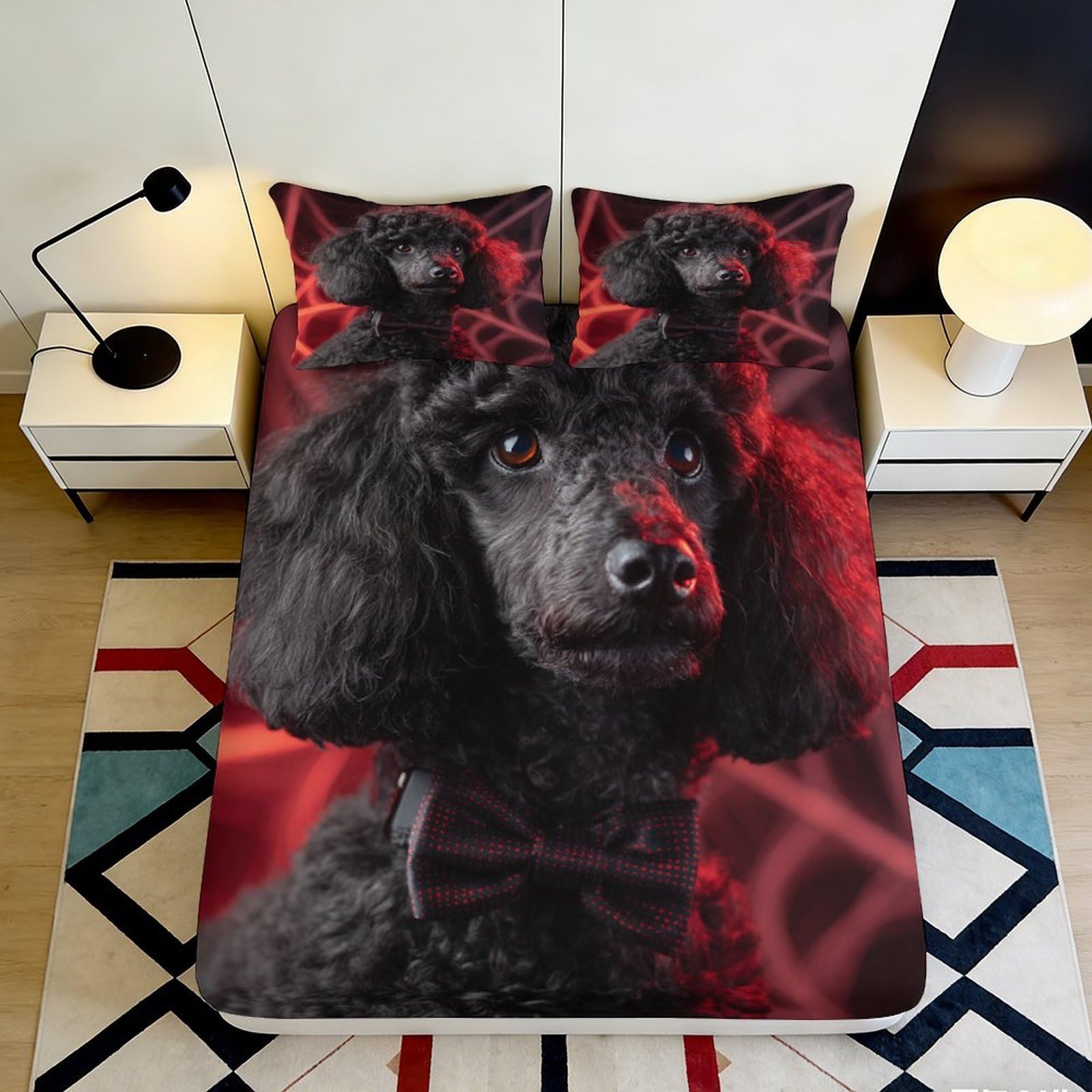 3D Printed Black Poodle Fitted Sheet Microfiber Soft Breathable Dog Pattern Bed Cover for Bedroom Dormitory Guest Room Mattress Protection Decor 160x200x25cm