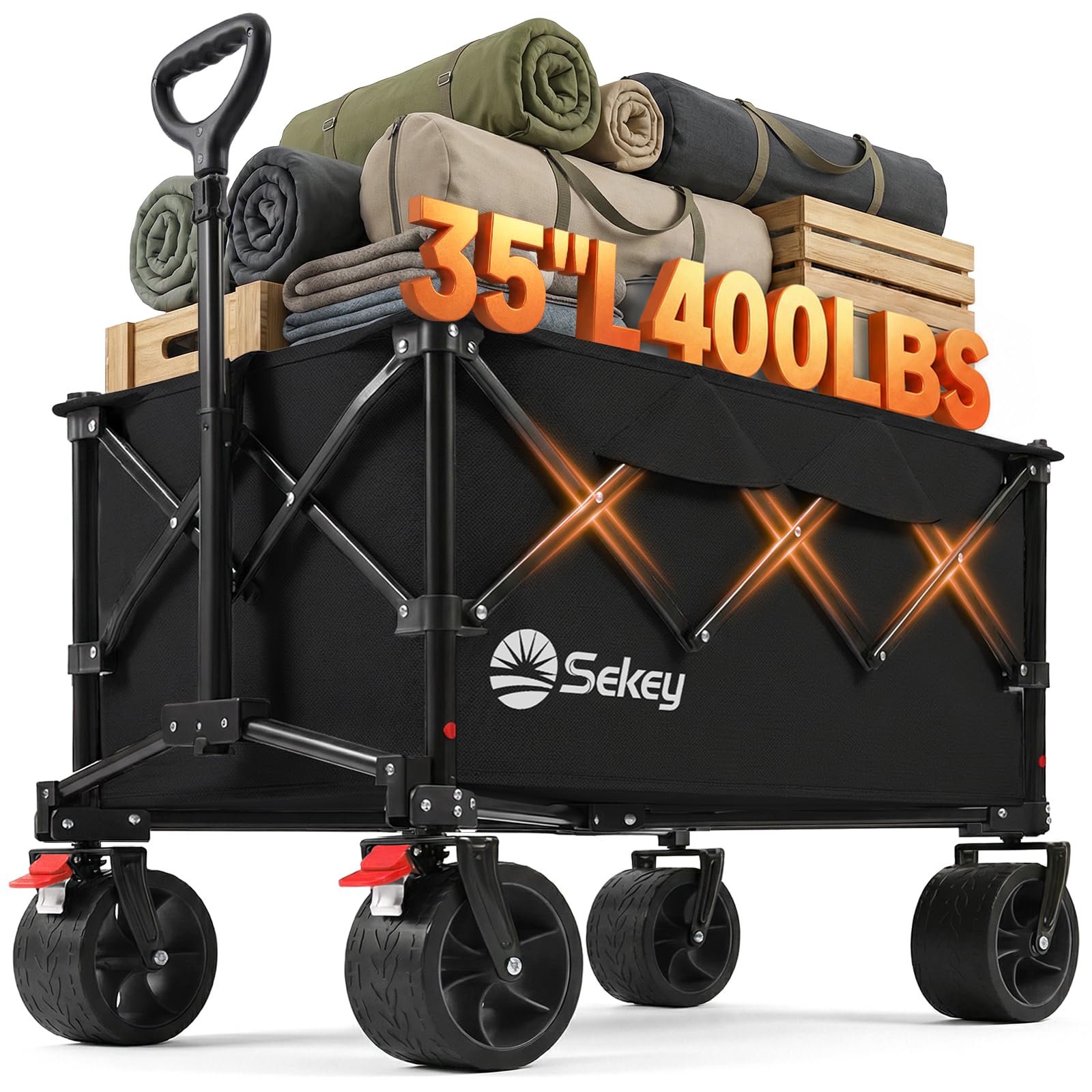 Sekey 250L 왜건 카트 접이식 대형 올 테리안 비치 휠, 접이식 튼튼한 왜건, 엑스트라 라지 접이식 왜건, 캠핑, 정원, 스포츠용 접이식 왜건. 블랙