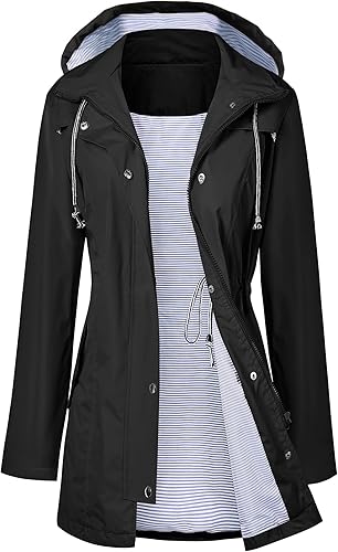 Lomon - Chaqueta impermeable larga con capucha para mujer, forro cortavientos, chaqueta de viaje, S-XXL