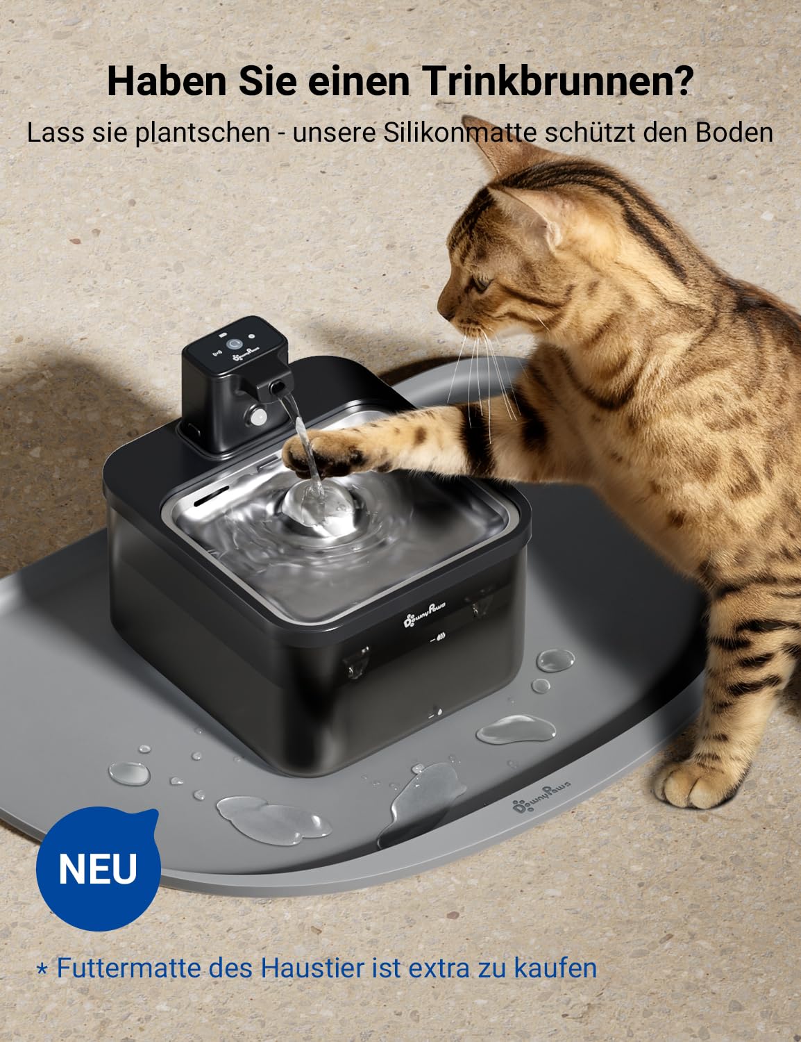 DownyPaws 2.5L Trinkbrunnen für Katze Kabellos, Katzenbrunnen Kabellos mit Bewegungsmelder, Batteriebetrieben Katzentrinkbrunnen, 4000mAh, Leise Wasserpumpe, Tablett aus Edelstahl für Katze, Schwarz
