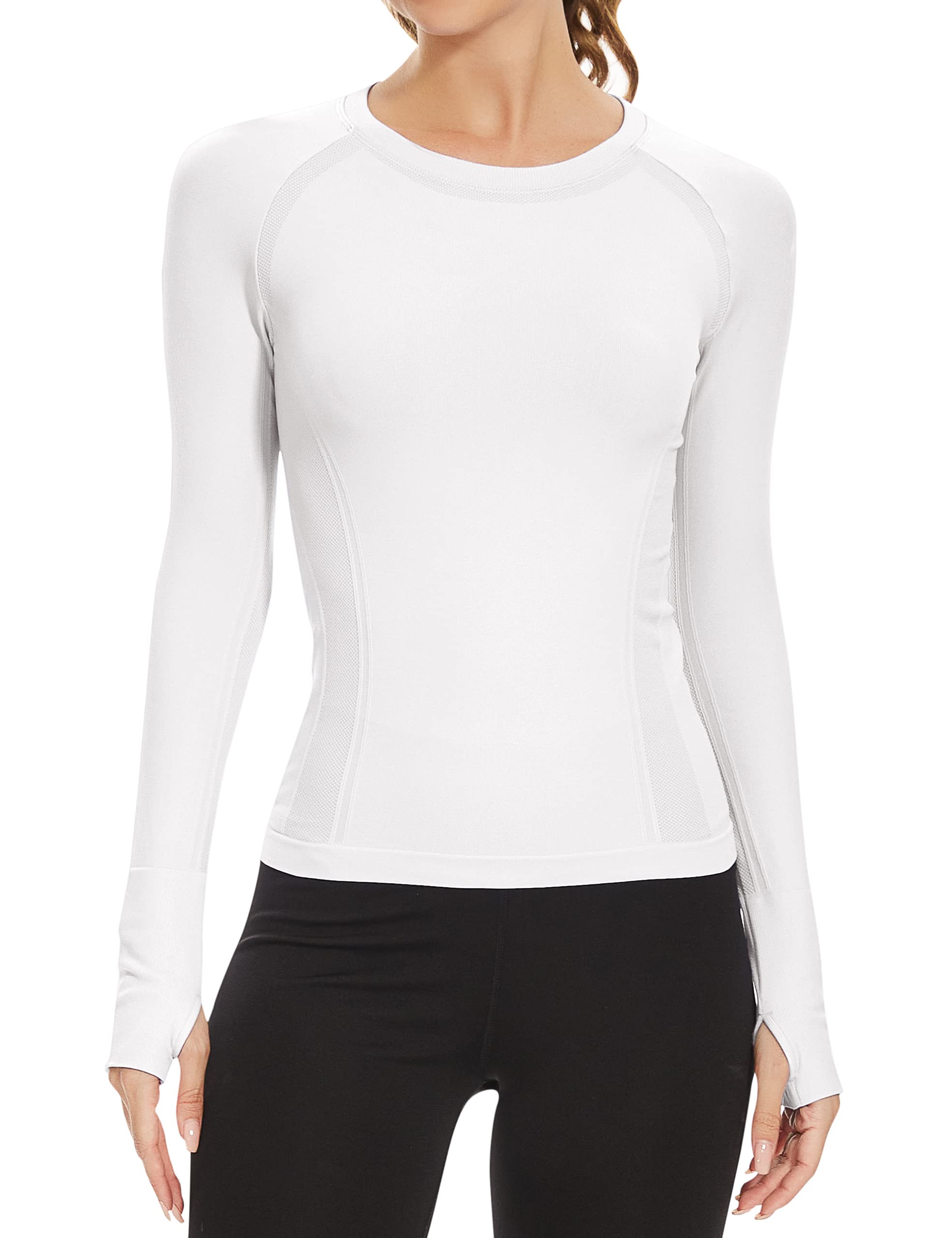 MathCat Camisetas de entrenamiento de manga larga para mujer, sin costuras, para yoga, correr, transpirables, paquete de 3 unidades