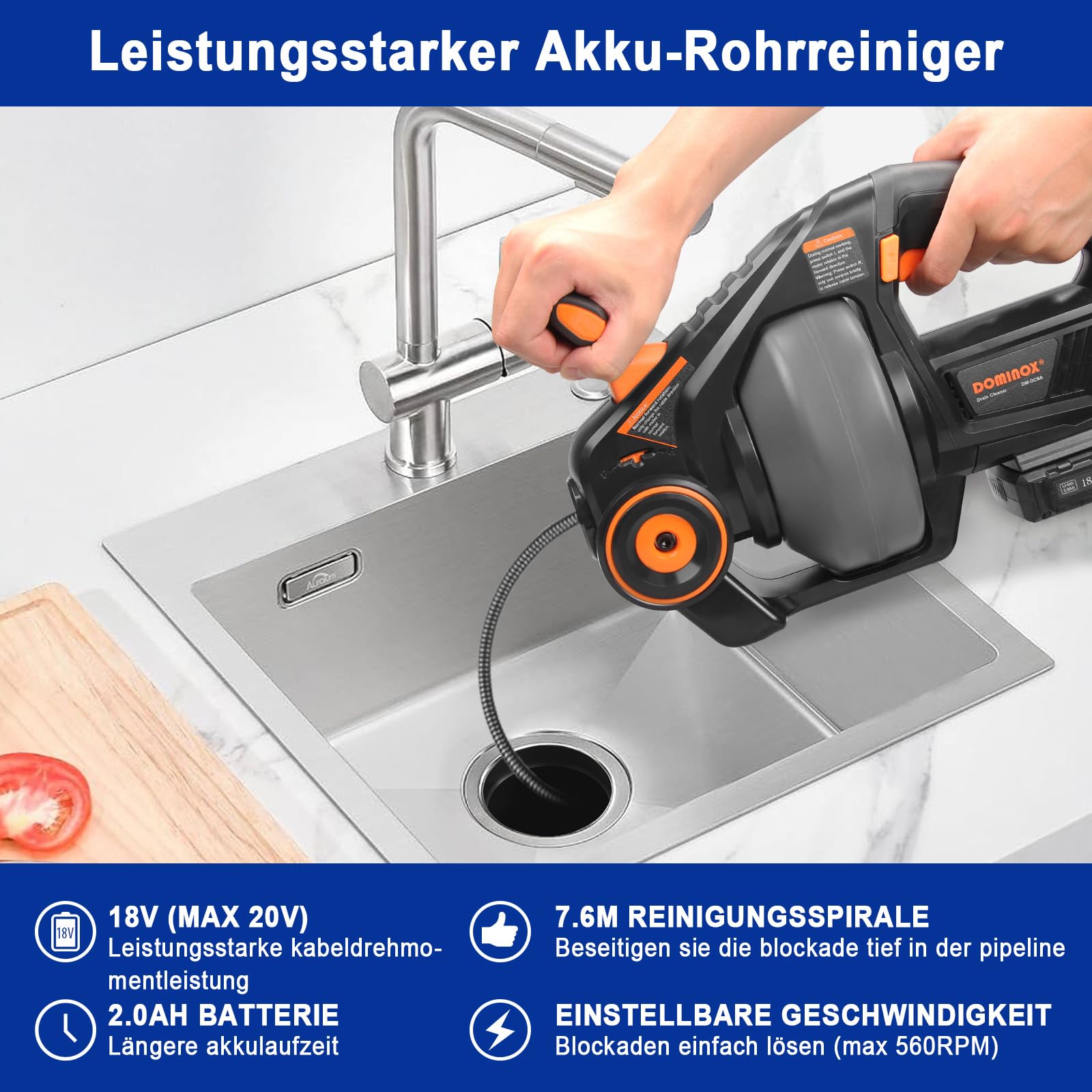 18V Akku-Rohrreiniger mit 7,6m Reinigungsspirale, Abflussreiniger Spirale für 18-65mm Rohrverstopfungen (Kommt mit Batterie und Ladegerät bei Lieferung)