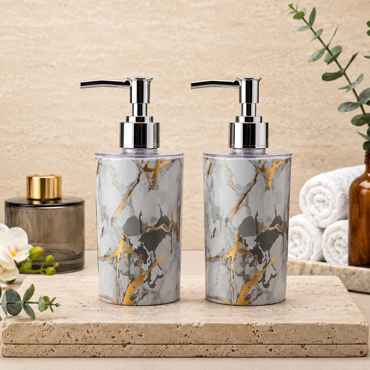 Shenron Refillable Liquid Soap Dispenser. Unbreakable Plastic Dispenser for Sanitizer Lotion Shampoo. Handwash Bottle for Kitchen, Bathroom, Shower, Wash Basin, Sink - 250ML (White Marble, Pack of 2)-image-32