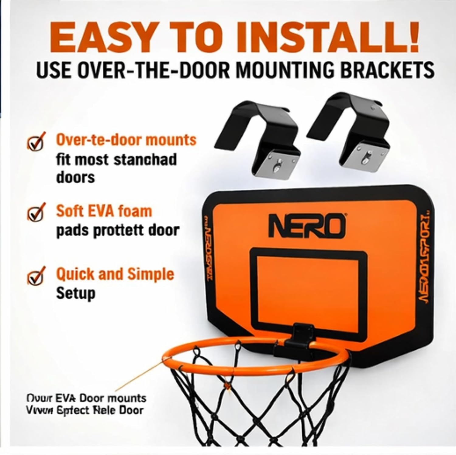 NERO SPORT Mini Basketball Hoop and Silent Ball Combo, Indoor Wall-Mounted Basketball Hoop Set with Quiet Foam Ball, Mini Backboard and Mounting Hardware for Kids, Teens, Dorm, Bedroom and Office