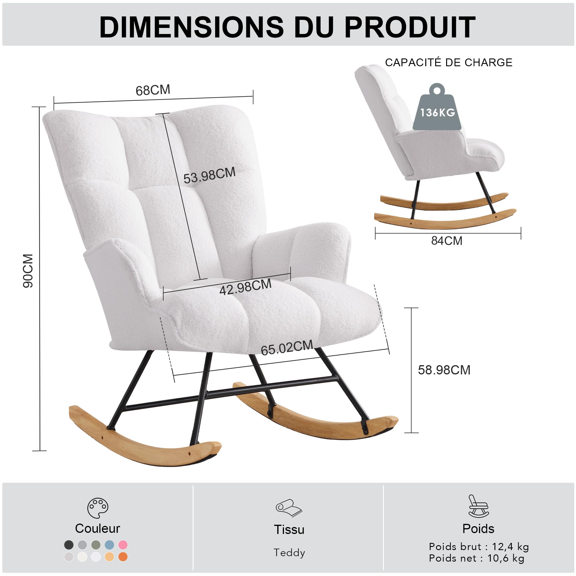 Fauteuil à Bascule, Tissu Teddy Peluche, Pieds en Bois d'Hévéa, Chaise d'Accent pour Nourrisserie, Salon, Chambre, Bureau(Blanc Teddy)