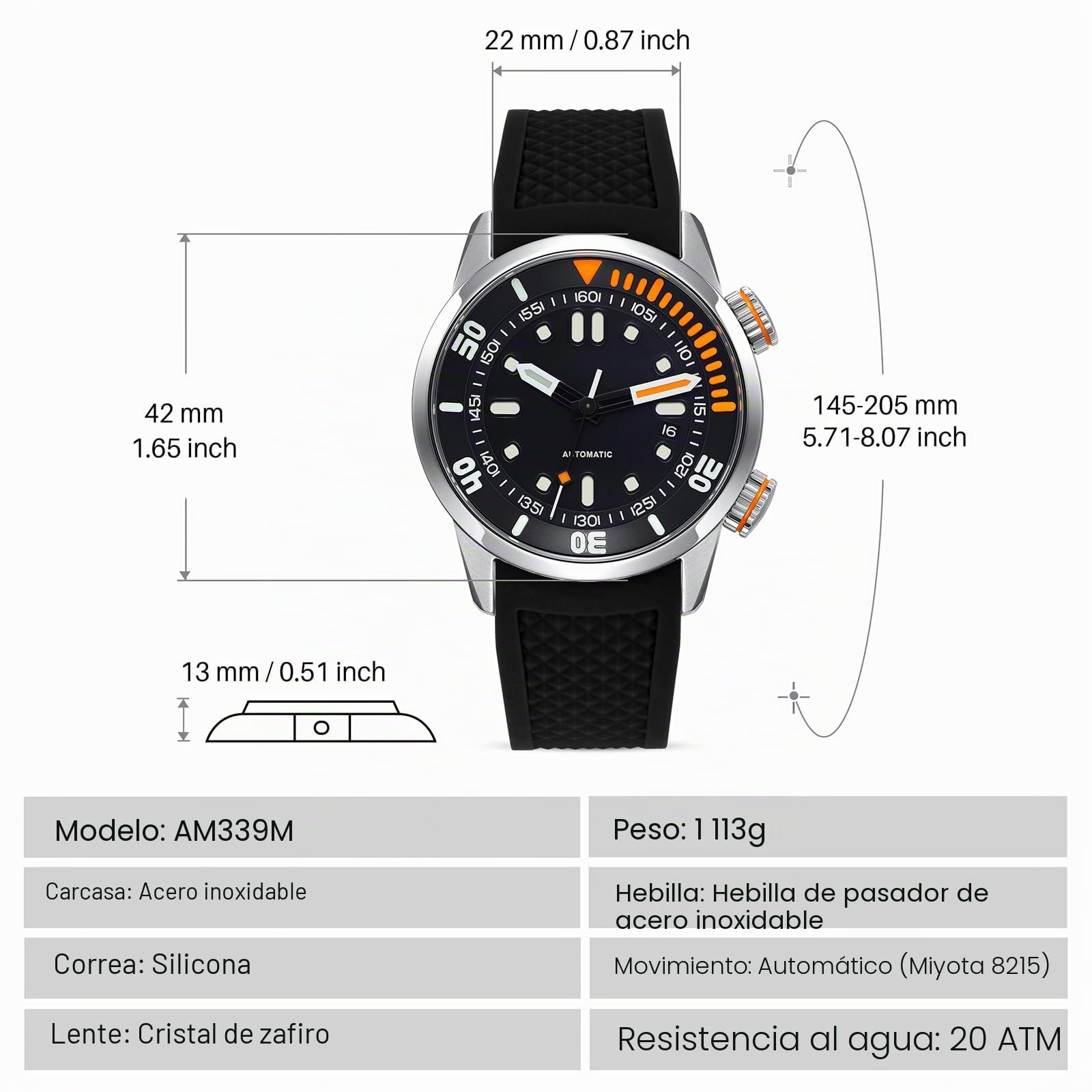 BERNY Reloj De Buceo Hombres 20ATM Movimiento Automático Reloj De Pulsera con Cristal De Zafiro Correa De Silicona Cómoda Super Luminoso