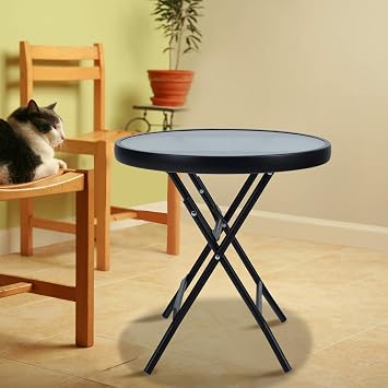 MFSTUDIO Patio Side Table, Folding Portable Round Bistro Coffee Table, Tempered Glass Metal End Table, Plant Stand for Indoor & Outdoor Garden Backyard Lawn Poolside, 18 inch Clear
