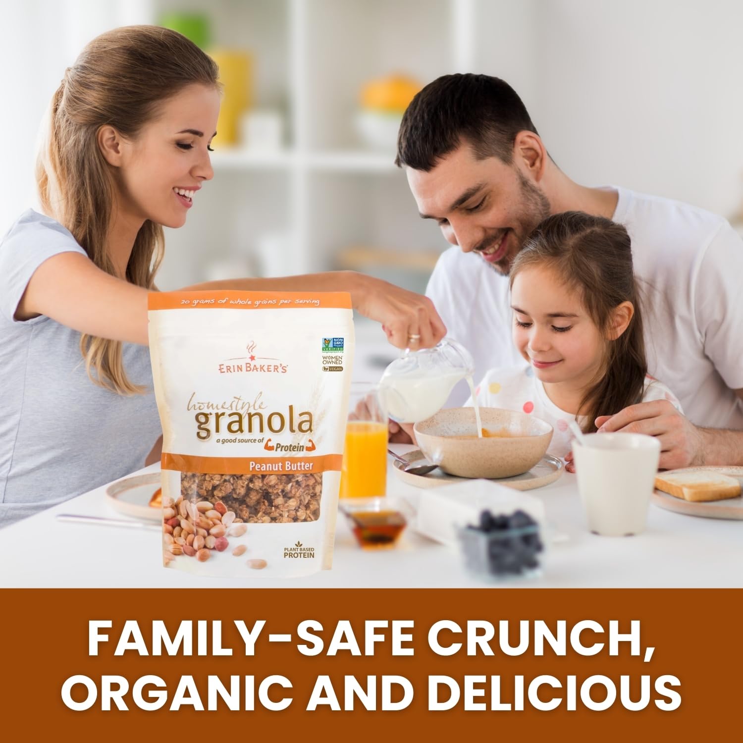 Erin Baker’s Homestyle Peanut Butter Granola with Ancient Grains - Made from Natural Ingredients, Crunchy Texture, Versatile Snack or Cereal - Vegan Friendly, Non-GMO, Resealable 12oz Bags, 6‑Pack