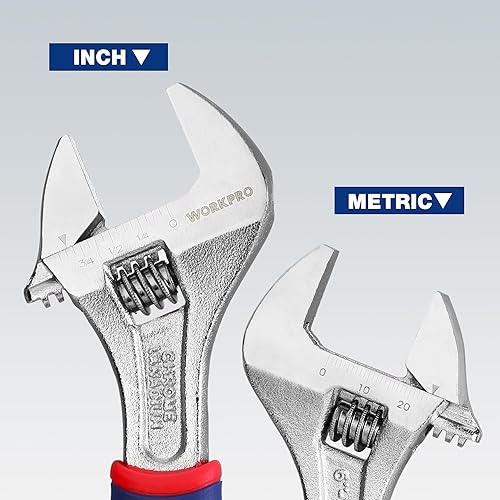 Miniatura 5 de WORKPRO Llave ajustable de 6 pulgadas, llave de apertura de mandíbula ancha con agarre antideslizante de goma, escalas métricasSAE, acero Cr-V