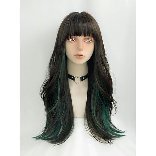 WKLOUYHE Long Wavy Wig for Women Synthetic Curly Wig with Bangs Fibre Cosplay Wig for Girls Daily Use Colorful Wigs (Black+Brown+Green)